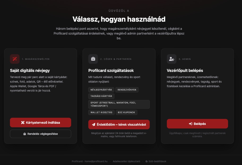 Profilcard belépési pontok